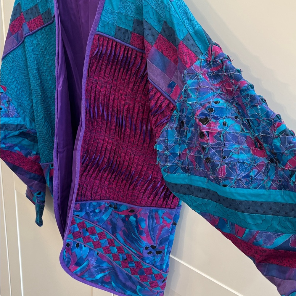 Boho Patchwork Open-Front Women's Sweater Jacket in Teal & Purple - Picture 3 of 9